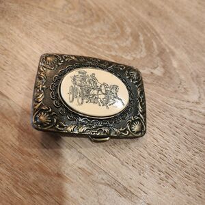 Vtg Firefighter Pump Brass Belt Buckle Horse Drawn Stagecoach 80s Ornate Oden